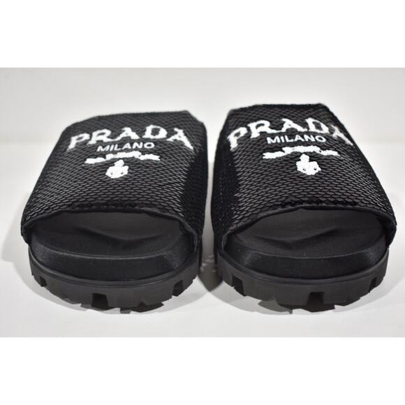 Prada Black Sequin White Logo Slide Sandal Slip On Pool Flip Flop Flat 37 - Picture 6 of 11